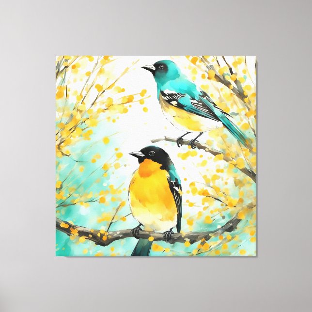 Impressão Em Tela Duas Pássaros Sentadas na Ramificação da Árvore (Frente)