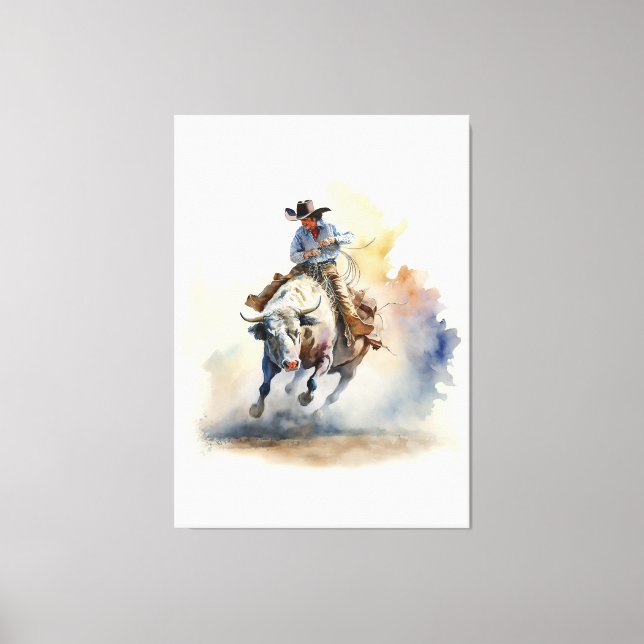 Impressão Em Tela Dusty Western Watercolor "Rodeo Bull Rider" (Frente)