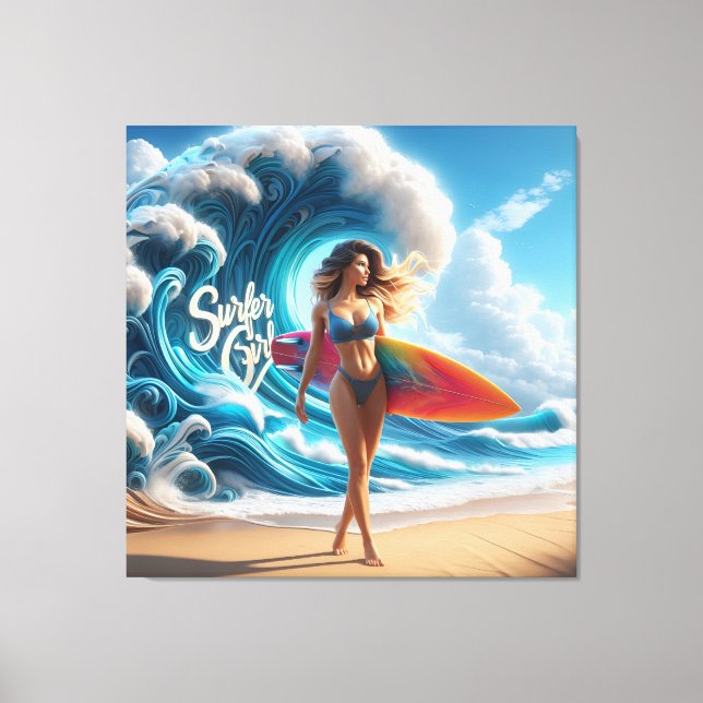 Impressão Em Tela Dynamic Surfer Girl Walking Beach Waves Art (Frente)