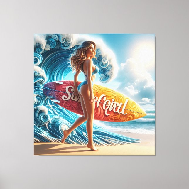 Impressão Em Tela Dynamic Surfer Girl Walking Beach Waves Art (Frente)
