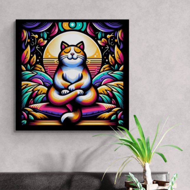 Impressão Em Tela Efeito de Vidro Estido Gato Colorido em Meditação (Criador carregado)