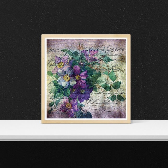 Impressão Em Tela Eflorescência de Clematite com Caligrafia (Criador carregado)