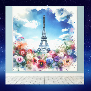 Impressão Em Tela Eiffel Tower Paris Floral Watercolor  
