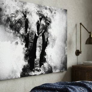 Impressão Em Tela Elefante Africano Aquarela Preto e Branco