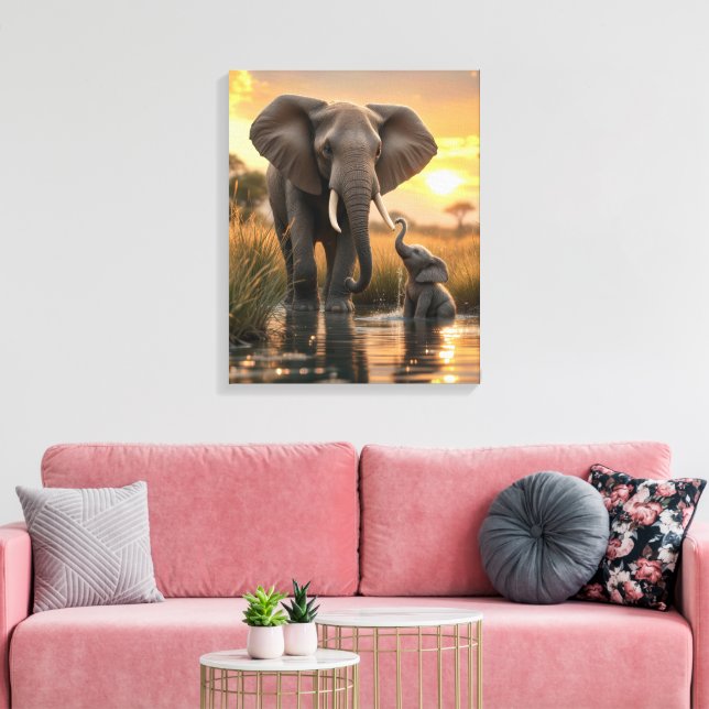 Impressão Em Tela Elefante Africano Com Seu Bebê (Insitu(Sala de estar))
