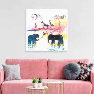 Impressão Em Tela Elefante, arte do por do sol do safari do girafa