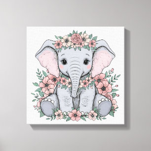 Impressão Em Tela Elefante-Bebê bonito com flores rosa