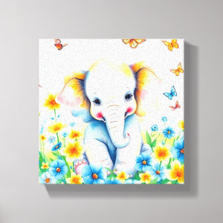 Impressão Em Tela Elefante Bebê Correndo em Flores