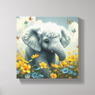 Impressão Em Tela Elefante Bebê Correndo em Flores