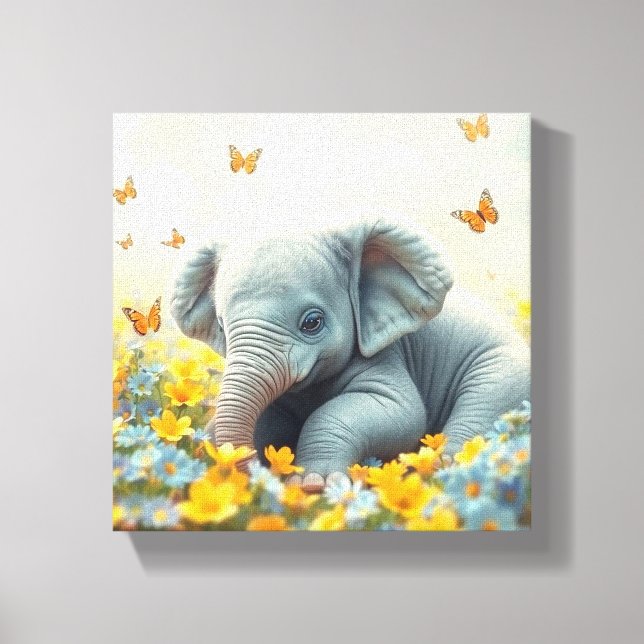 Impressão Em Tela Elefante Bebê em Flores (Frente)