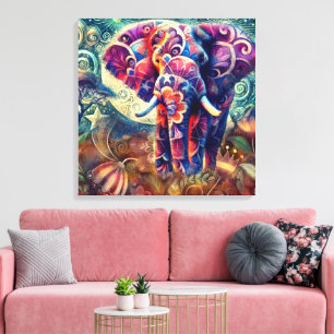 Impressão Em Tela Elefante Caprichoso à Noite Azul Roxo Estrelas Lua