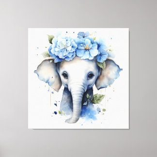 Impressão Em Tela Elefante - Coroa Flor Azul