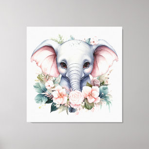 Impressão Em Tela Elefante e Flores