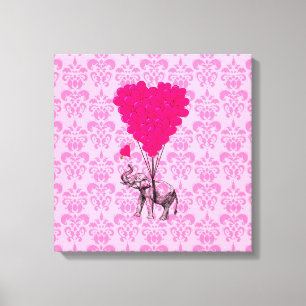 Impressão Em Tela Elefante segurando coração em damasco rosa