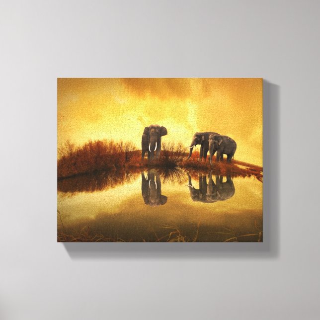 Impressão Em Tela Elefantes Asiáticos na Tailândia sob um pôr do sol (Frente)