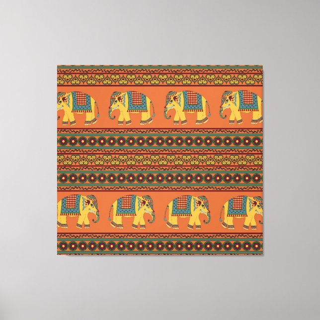 Impressão Em Tela Elefantes Indianos, Laranja Tradicional Sem Costur (Frente)