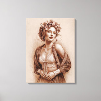 Impressão Em Tela Elegância Medieval: Sepia Mulher Crowned Floral Bl