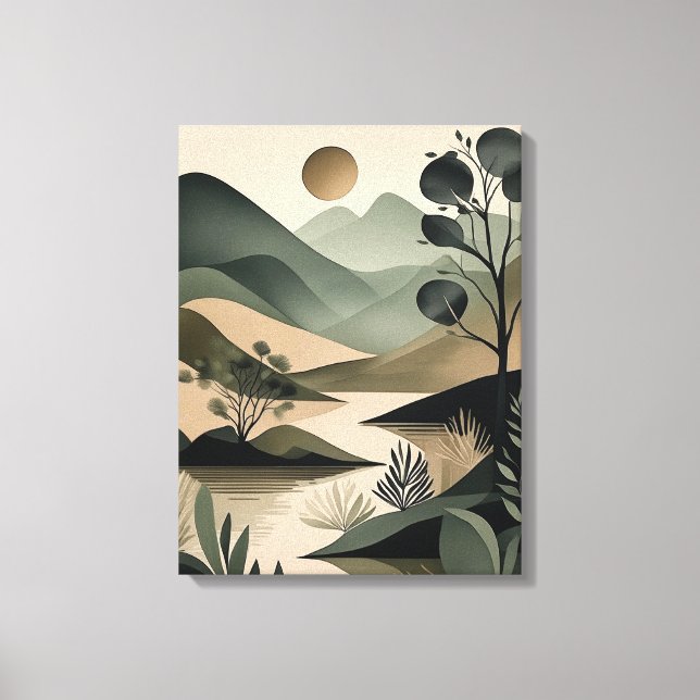 Impressão Em Tela Elegância Terrestre: Abstrato Sage e Preto (Frente)