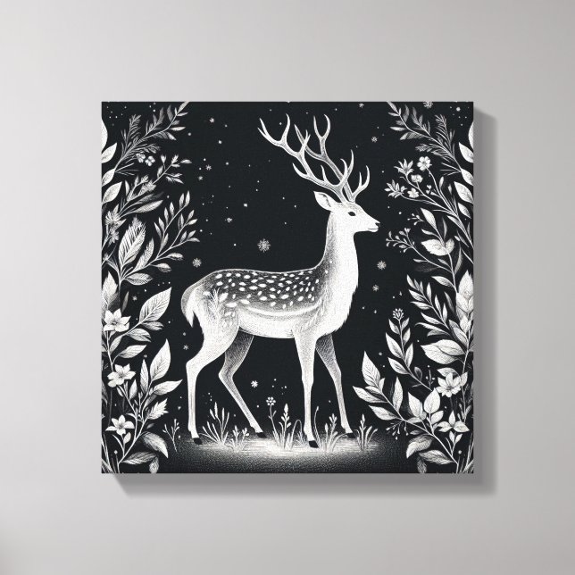 Impressão Em Tela Elegant White Ink Deer in Botanical Frame (Frente)