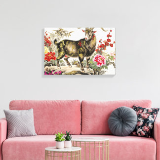 Impressão Em Tela Elegante Cabra com Arte Asiática Floral a Tinta