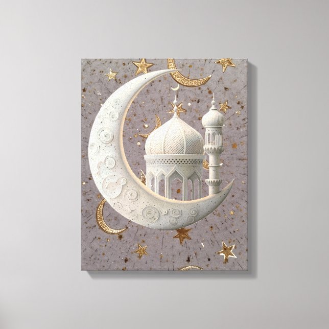 Impressão Em Tela Elegante Design de Ramadan com Crescente Branco 3D (Frente)