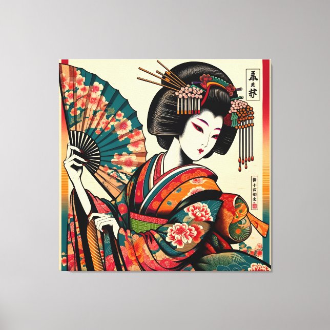 Impressão Em Tela Elegante Geisha com ventilador na arte ukiyo-e (Frente)