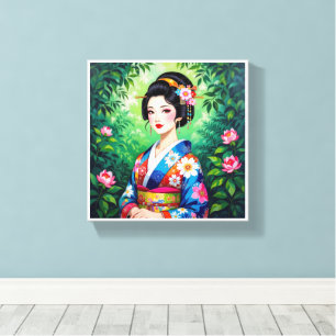 Impressão Em Tela Elegante Geisha Wall Art - Floral Kimono Retrato