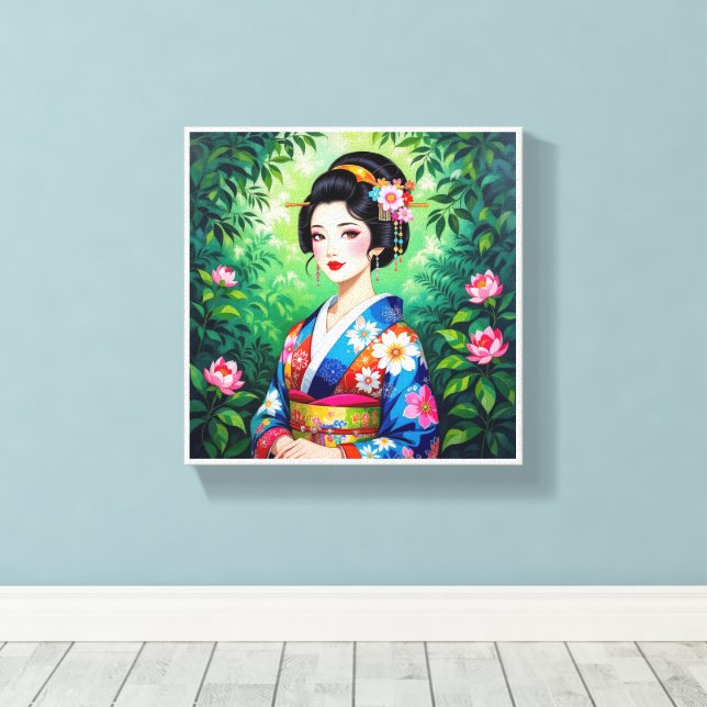 Impressão Em Tela Elegante Geisha Wall Art - Floral Kimono Retrato (Insitu(piso de madeira))