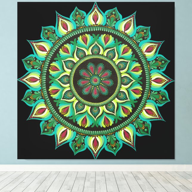 Impressão Em Tela Elegante Green Mandala | Bohemian Zen Minimalist (Insitu(piso de madeira))
