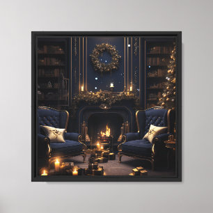 Impressão Em Tela Elegante Lona de Natal Azul Marinho e Dourado Vint