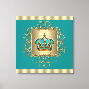 Impressão Em Tela Elegante Príncipe Coroa Azul Turquesa e Dourado
