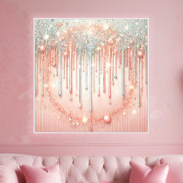 Impressão Em Tela Elegante Tom de Rosa Bege e Brilho Prateado em Efe