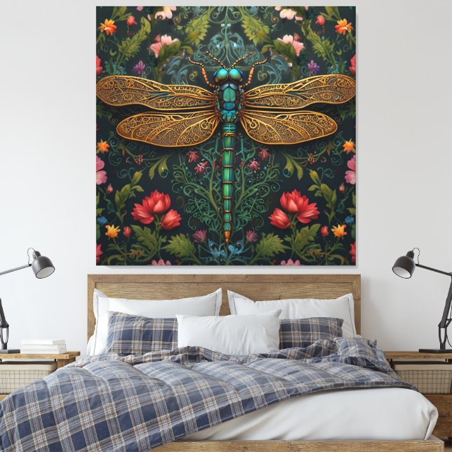 Impressão Em Tela Elegante Vintage dragonfly boho botânico (Insitu(Quarto))