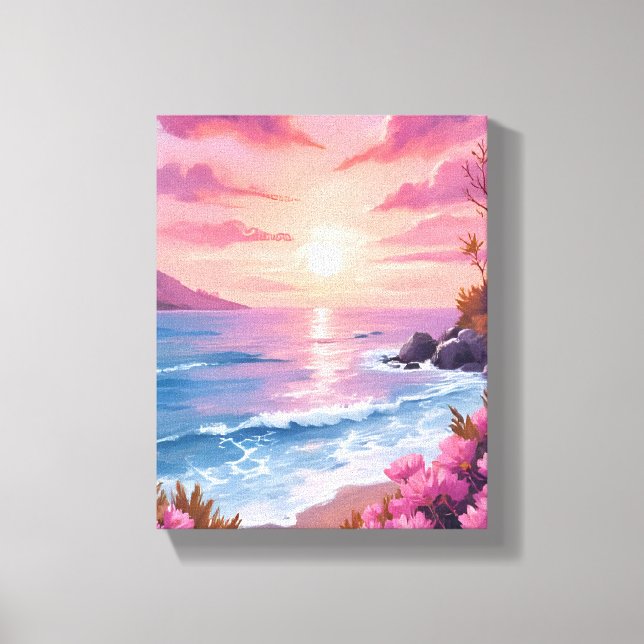 Impressão Em Tela Enseada Corada | Por do Sol no Oceano Rosa Aquarel (Frente)