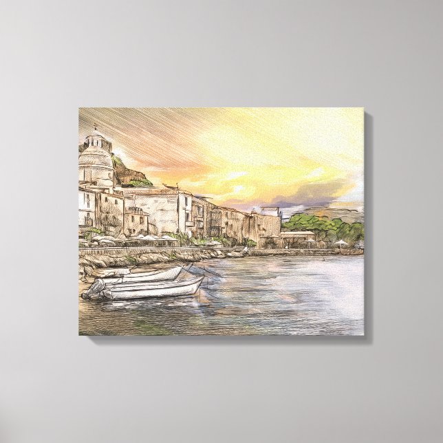 Impressão Em Tela esboço da vila da costa de Amalfi com barcos ao pô (Frente)