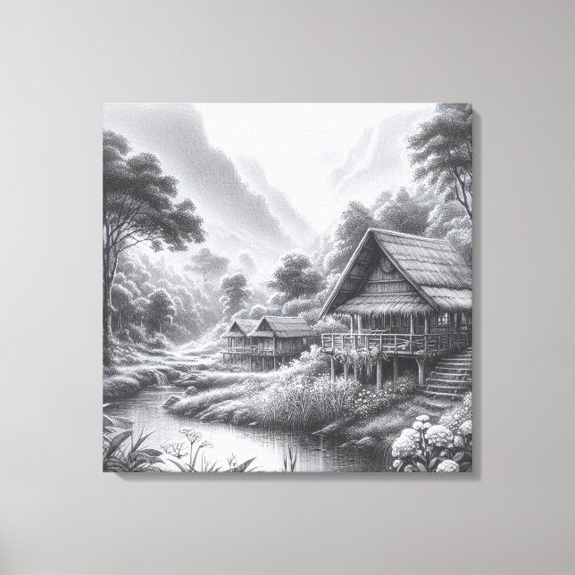 Impressão Em Tela Esboço do Lápis por um Rio Fluente (Frente)