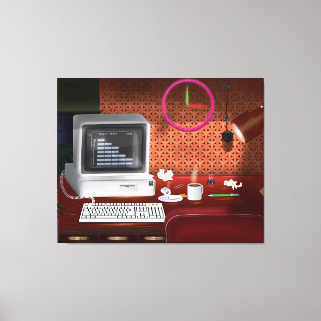 Impressão Em Tela Escritório Clássico dos Anos 80 com Computador (Frente)