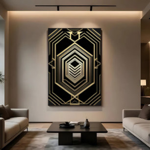Impressão Em Tela Escudo Geométrico Preto Dourado Luxo
