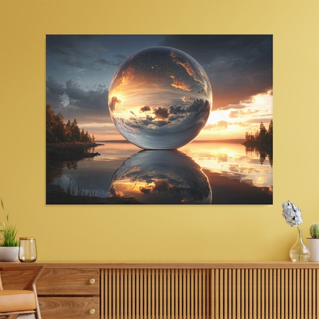 Impressão Em Tela Esfera Reflexiva Surrealista com Nuvens ao Pôr do  (Insitu(Sala de estar))