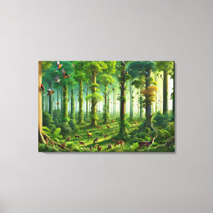 Impressão Em Tela Esmagar Floresta Verde com Aves e Animais Cutes