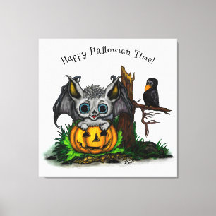 Impressão Em Tela Esperando o Halloween, Cute Bat e Raven