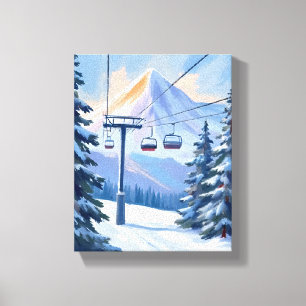 Impressão Em Tela Esqui Elevador   Montanha Inverno Aquarela Esquian