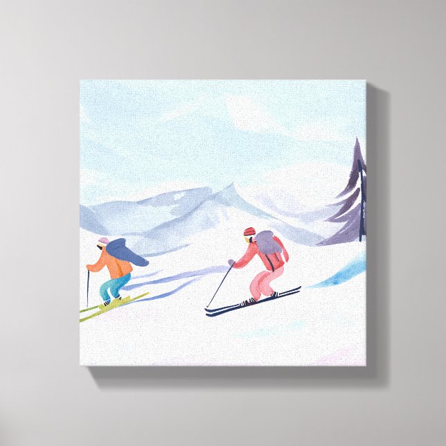 Impressão Em Tela Esquiar Amigos | Linda Watercolor Ski Mountain (Frente)