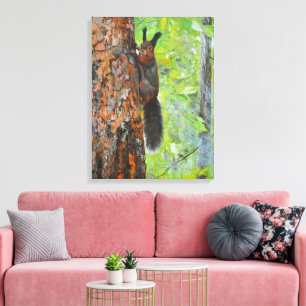Impressão Em Tela Esquilo no Pinheiro – Pintura a Óleo Realista