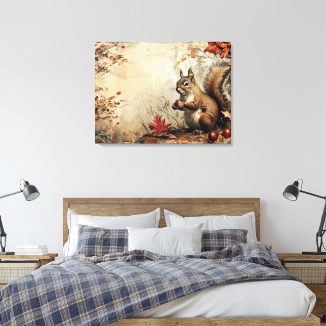 Impressão Em Tela Esquilo Vintage e Bolotas no Outono 32x24 (Insitu(Quarto))