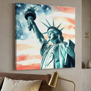 Impressão Em Tela Estátua da Liberdade com bandeira americana