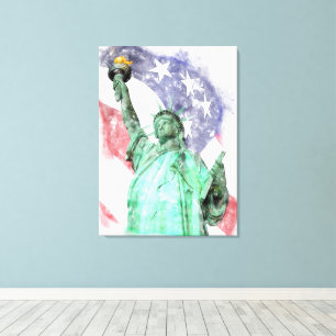 Impressão Em Tela Estátua da Liberdade fechada com a bandeira aquare