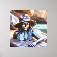 Estátua de bronze de uma mulher negra com chapéu e