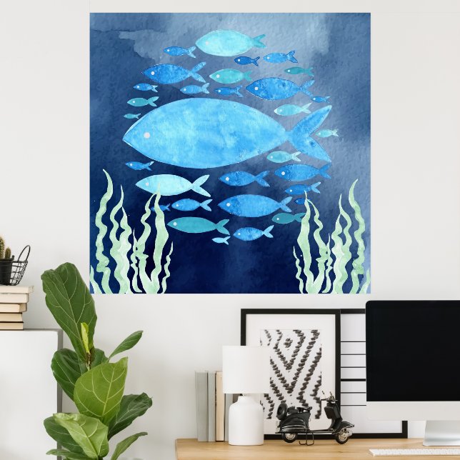 Impressão em Tela Esticada Peixes No Mar (Escritório em casa)