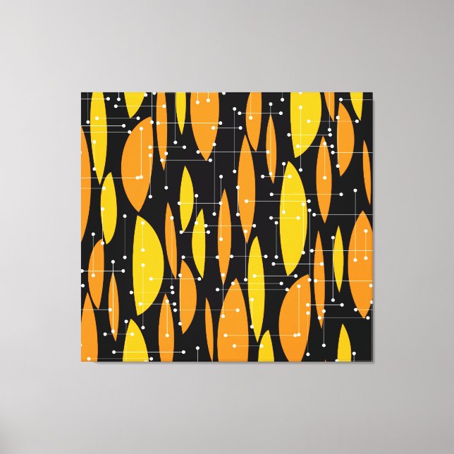 Impressão Em Tela Estilo atômico, padrão geométrico laranja preto. (Frente)